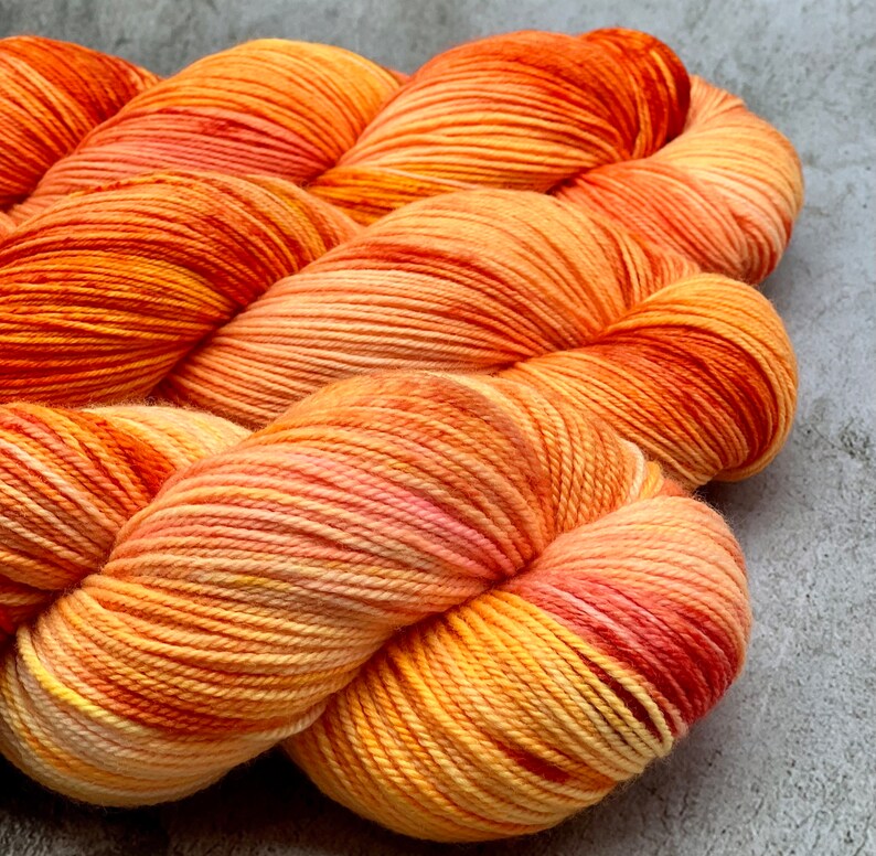 Strawberry Sunrise Neon Pink, Neon Yellow, Orange, Red, Peach, 75/25 Merino Sock Yarn, Superwash, DK Sock Yarn, Valentines Day Gift image 4