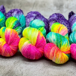 Neon Rainbow - Diamond Sock, Merino/Nylon/Lurex, Neon Rainbow Yarn, Hand Dyed, Fingering Sock Yarn, Superwash, Hand Painted