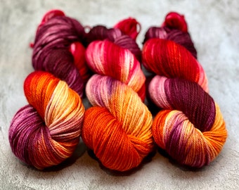 Horizon Sunrise - Hand Dyed Superwash Merino/Nylon Worsted, Sweater Quantity, Blanket Weight Yarn, Gift for Her, Pink, Purple, Orange