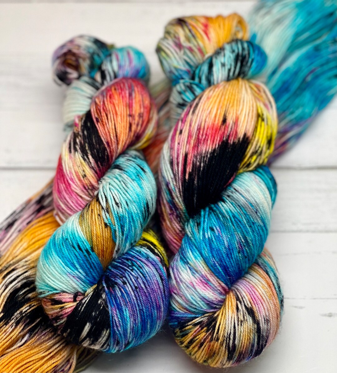 Tropical Sunset - Blue, Gold, Yellow, White Hand Dyed 75/25 Fingering Sock Yarn, Superwash, Hand Painted Merino Nylon, Pink, Blue, Yellow