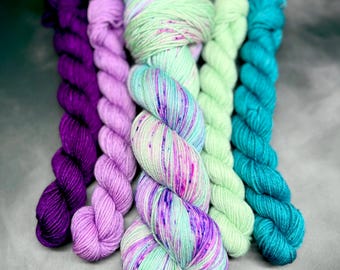 Whimsy & Waves -  Mini Skein Sock Kit, Doodle Sock Yarn, Fingering, Monster Sock Mini Set, Scrappy Socks, Colorwork, SW Merino/Nylon,
