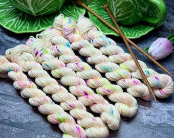 Jellybean Pop! - Mini Skein, Hand Dyed Yarn, Superwash Merino, Silk, Yak, Fingering Weight, 4 ply, Sock, Shawl Yarn, Neon Rainbow