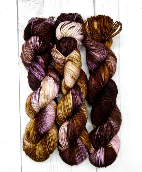 Aunt Jocasta - Caramel, Brown, Plum, Pink, Hand Dyed 75/25 Fingering Sock Yarn, Superwash, Hand Painted Merino Nylon, Outlander Yarn