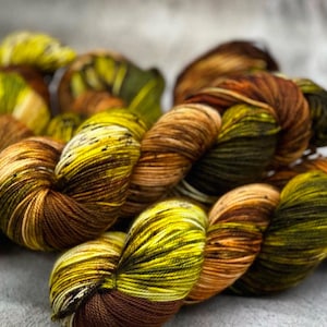 Drums of Autumn - Caramel, Brown, Green Hand Dyed Fingering, DK, Worsted, Bulky Yarn, Superwash, Hand Painted Merino Nylon, Indie Dyed Wool