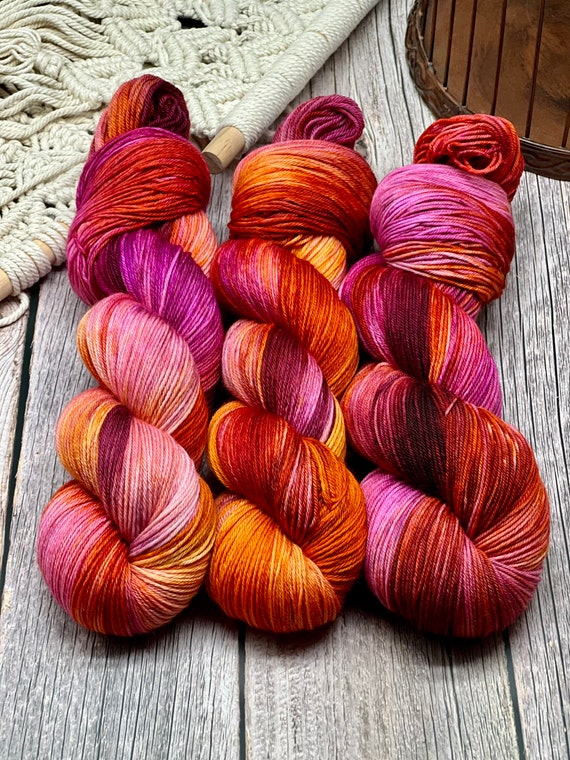 Chili Pepper Punch - Plum, Cranberry, Yellow, Pink Yarn, Hand Dyed, Fingering Sock Yarn, Superwash, Variegated Yarn, DK, Worsted, Bulky