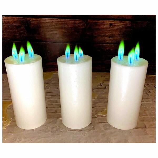 Véritable flamme verte sur blanc, lot de 3 bougies (hauteur 4 po. 5 po. 6 po. ou assortiment) - À VOIR ABSOLUMENT !!!