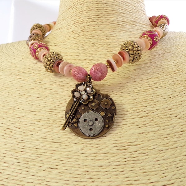 Steampunk Clockwork and Key Pendant: Pink and Gold Beads