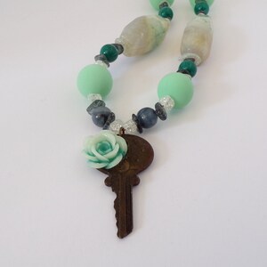 Key Pendant Necklace: Teal, Brass with Upcycled Key and Resin Flower