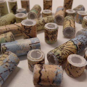 Paper Beads (40 count): Blue with Beige, Black, and White Map | Jewelry Beads | Cylinder Beads | Barrel Beads