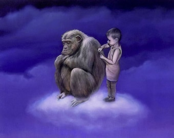 children's decor illustration, monkey boy painting, art boy gift, art with clouds, blue children print, small square picture, wall art