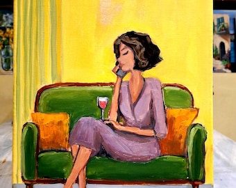 Vrouw op de sofa Olieverfschilderij Vrouw met een glas Origineel kunstwerk Figuratief schilderij Moderne kunst 9,5/12