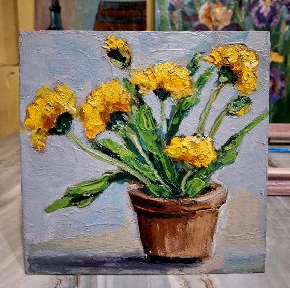 タンポポの油絵。タンポポのオリジナル絵画。花の壁アート。花瓶の中の