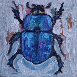 Escarabajo Escarabajo Arte.Escarabajo Azul Pintura original.Pintura al óleo de escarabajo.Pintura pequeña de escarabajo azul.Pintura hecha a mano de escarabajo.Cartón 6\6 in.