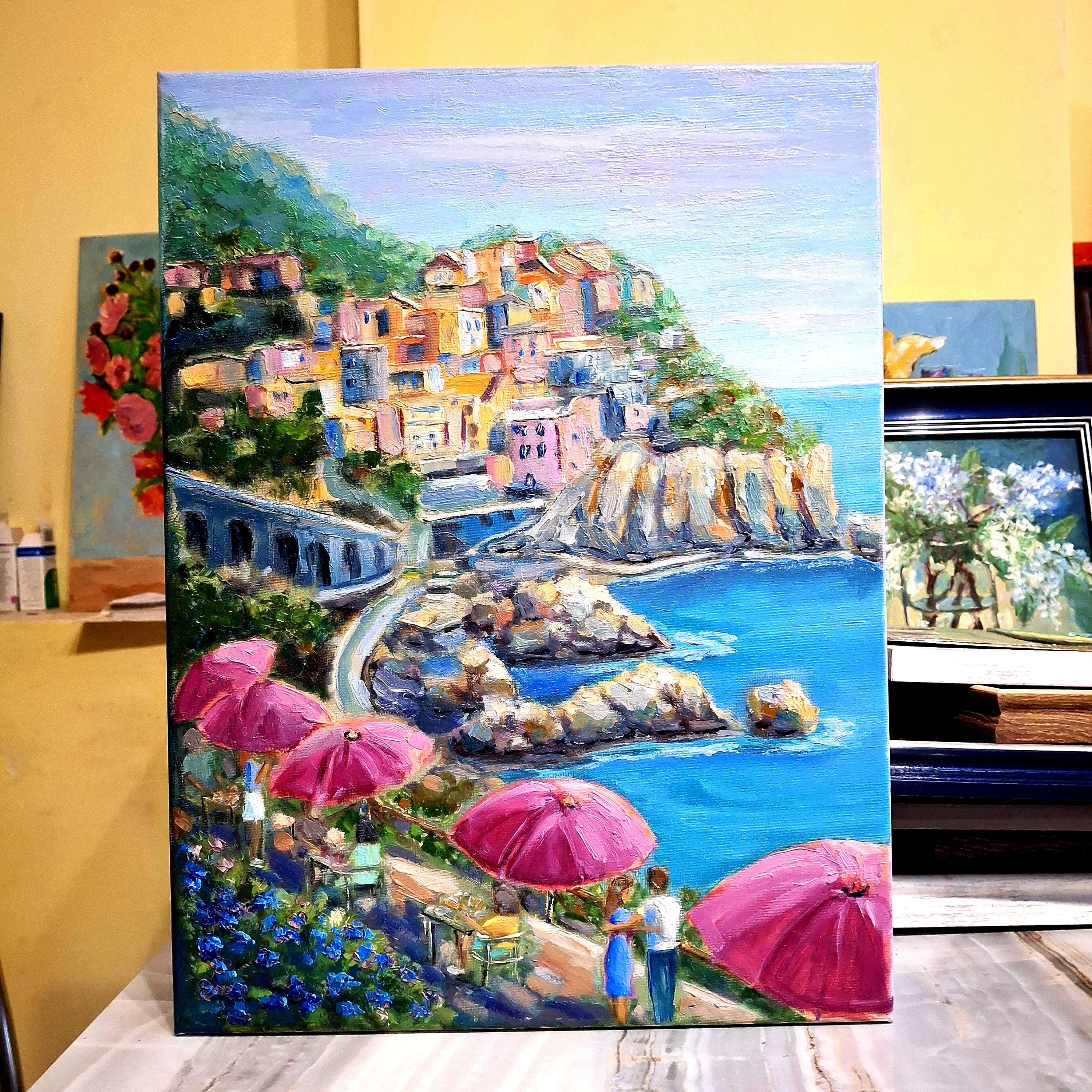 Corsini Painted in Italy肉筆油彩画　直筆サインあり Coast of Italy Art.city on the Rocks Oil Painting on Canvas.city