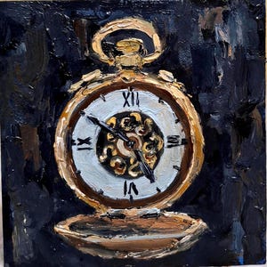 Pocket watch painting.Original oil painting.Hunting watch painting.Small painting.Gold pocket watch wall art.Cardboard 6\6 in.Hand painted