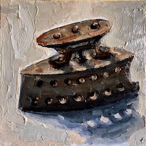 Pintura al óleo de hierro antiguo Obra de arte original. Arte estilo antiguo Pintura de hierro retro Pintura de arte de pared Estilo campestre Cartón 8\8 pulgadas.