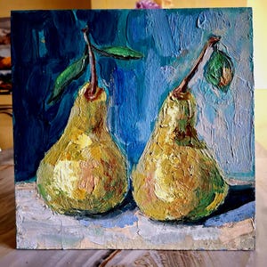 Peinture de poires. Nature morte aux poires. Peinture à l'huile originale de poires. Art des fruits. Image de cuisine. Peinture impasto. Carton 8\8 po