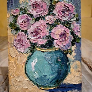 Pintura a óleo de flores, pintura original, arte floral, peônias, buquê de flores, arte pequena, pintura de papelão, 5\7 polegadas