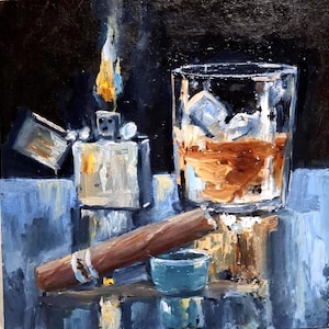 Pintura de whisky Pintura de cigarros Pintura al óleo Arte original Pintura de encendedor de cigarros Arte de pared Pintura de naturaleza muerta Arte con alcohol Cartón 7\7 in