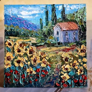 Pintura a óleo da Toscana, paisagem da Toscana, arte original. Paisagem Itália, pintura de girassóis, pintura empastada, pequena pintura de papelão 5\5 pol.