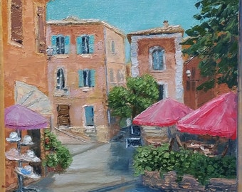 France Provence oil painting.Original painting Sunny Provence.Urban landscape.Street painting.Canvas on cardboard.9.75\9.75 inches
