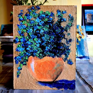 Bloemenschilderij vergeet-me-nietjes Blauwe bloemenschilderij Schone kunst Origineel kunstwerk Impasto semi-abstract Acryl textuurschilderij Karton 6\8