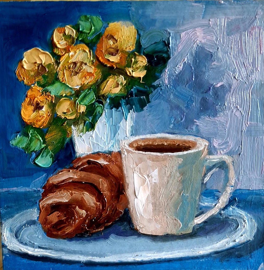 独創的 Painting.Сup Life Still of Picture Croissant With Coffee 絵画