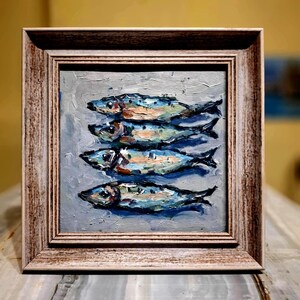 Cuadro de sardinas Cuadro al óleo Cuadro de peces Cuadro original Cuadro en marco Cuadro de sardinas Arte Pintura al óleo empastada Cartón 8\8 in