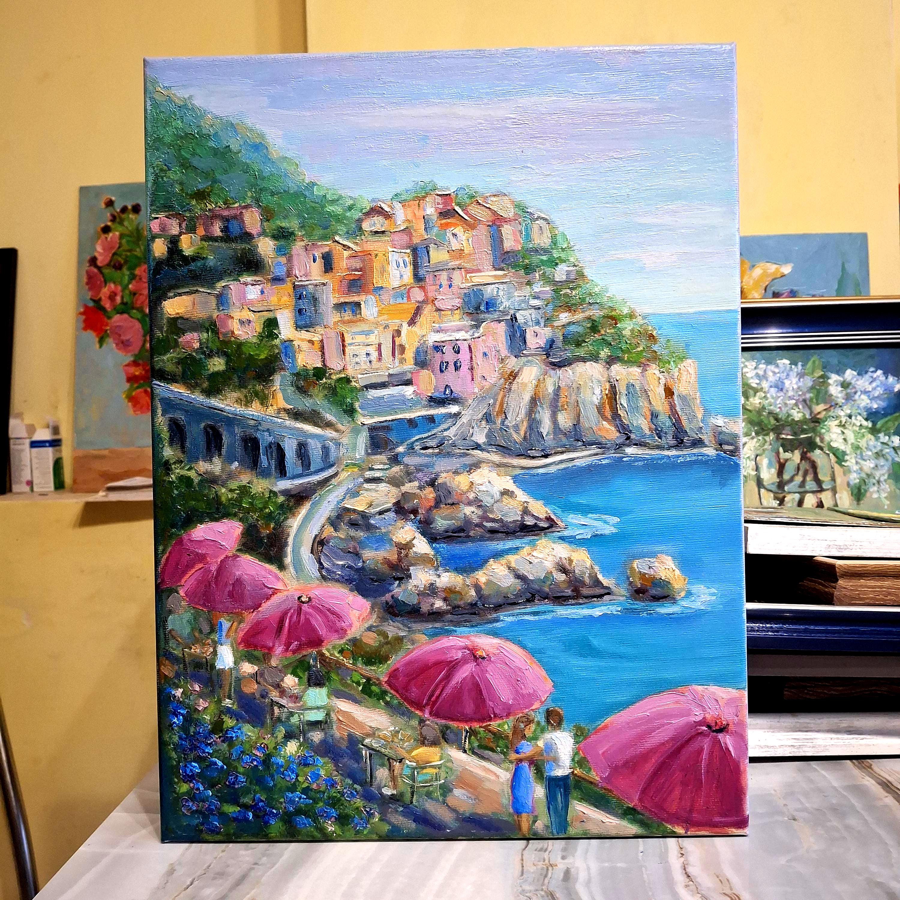 油絵イタリア、オルシーニ宮 Coast of Italy Art.city on the Rocks Oil Painting on Canvas.city