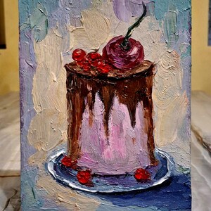 Cuadro mini pastel. Mini pastel con cerezas cuadro original. Mini pastel pintura al óleo en miniatura. Mini pastel pintura. Mini pastel arte. Cartón 7\5in