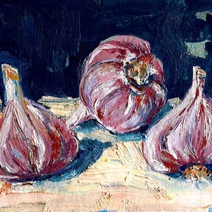 Pintura de ajo. Arte mural de cocina. Pintura original de ajo. Pintura al óleo de ajo. Naturaleza muerta con ajo. Cartón de 15 x 20 cm. Pintura empastada.