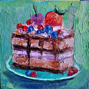 Pintura de mini pastel. Pintura original de mini pastel con bayas. Pintura al óleo de mini pastel. Pintura pequeña de pastel. Arte dulce. Cartón de 6\6 pulgadas