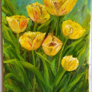 Tulipani gialli pittura ad olio. Paesaggio fiorito. Pittura su carta ad olio. Può essere dipinto su ordinazione. Il prezzo è trattabile.16\12 in