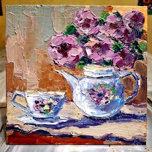 Pintura de flores Pintura al óleo Pintura de copa Pintura original Naturaleza muerta Arte mural floral Pintura pequeña Cartón 6\6 in