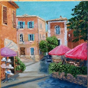 Pintura al óleo de la Provenza francesa. Pintura original de la Provenza soleada. Paisaje urbano. Pintura callejera. Lienzo sobre cartón. 24,5 x 24,5 cm.