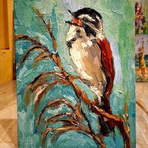 Bird painting.Bird art.Songbird original painting.Bird oil painting.Bird small picture.Bird original handmade picture.Cardboard 8\6 in