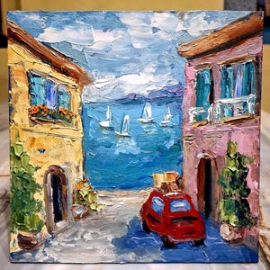 Pintura de viagem pintura de paisagem marítima pintura de paisagem urbana pintura a óleo arte original viagem de verão para o mar pintura pequena papelão 6 \ 6 i