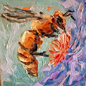 Pintura a óleo de abelha pintura floral pintura original abelha floral arte de parede pequena pintura a óleo papelão 6\6 pol.