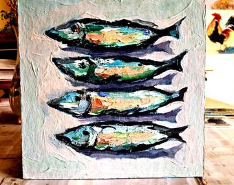 Sardines painting Oil painting Fish painting Original painting Painting in frame Sardines art Impasto oil painting Cardboard 8\8 in