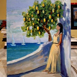 Femme au bord de la mer sous un citronnier Peinture à l'huile Silhouette d'une jeune femme peinture originale Peinture de citronnier Panneau dur 8\10 po
