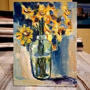 Pintura de flores Flores abstractas Pintura al óleo Pintura original Flores amarillas en un jarrón de vidrio Flores Arte de pared Arte floral Cartón 6\8 pulgadas
