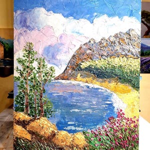 Paysage marin, peinture acrylique. Plage ensoleillée, peinture acrylique. Lagon paisible. Peinture texturée à la pâte acrylique. Panneau de bois dur 40 x 30 cm