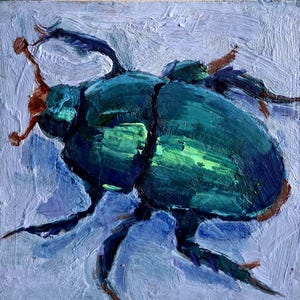 Pintura de escarabajo. Pintura original de escarabajo Carabey. Pintura al óleo de escarabajo verde. Arte de escarabajo. Pintura pequeña. Cartón 6\6 pulgadas. Arte de escarabajo.