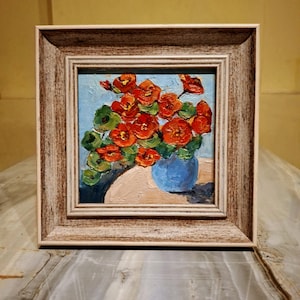 Pintura de capuchina Pintura al óleo Arte de flores Pintura sin marco Obra de arte original Pintura floral Tamaño de la pintura solo 6\6 pulgadas