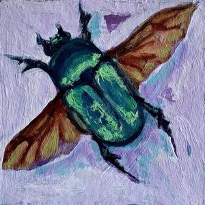 Pintura de escarabajo. Pintura al óleo de escarabajo. Arte de insectos. Original pintado a mano. Pintura de escarabajo egipcio. Pequeña obra de arte para pared. Cartón. 15,24 cm.