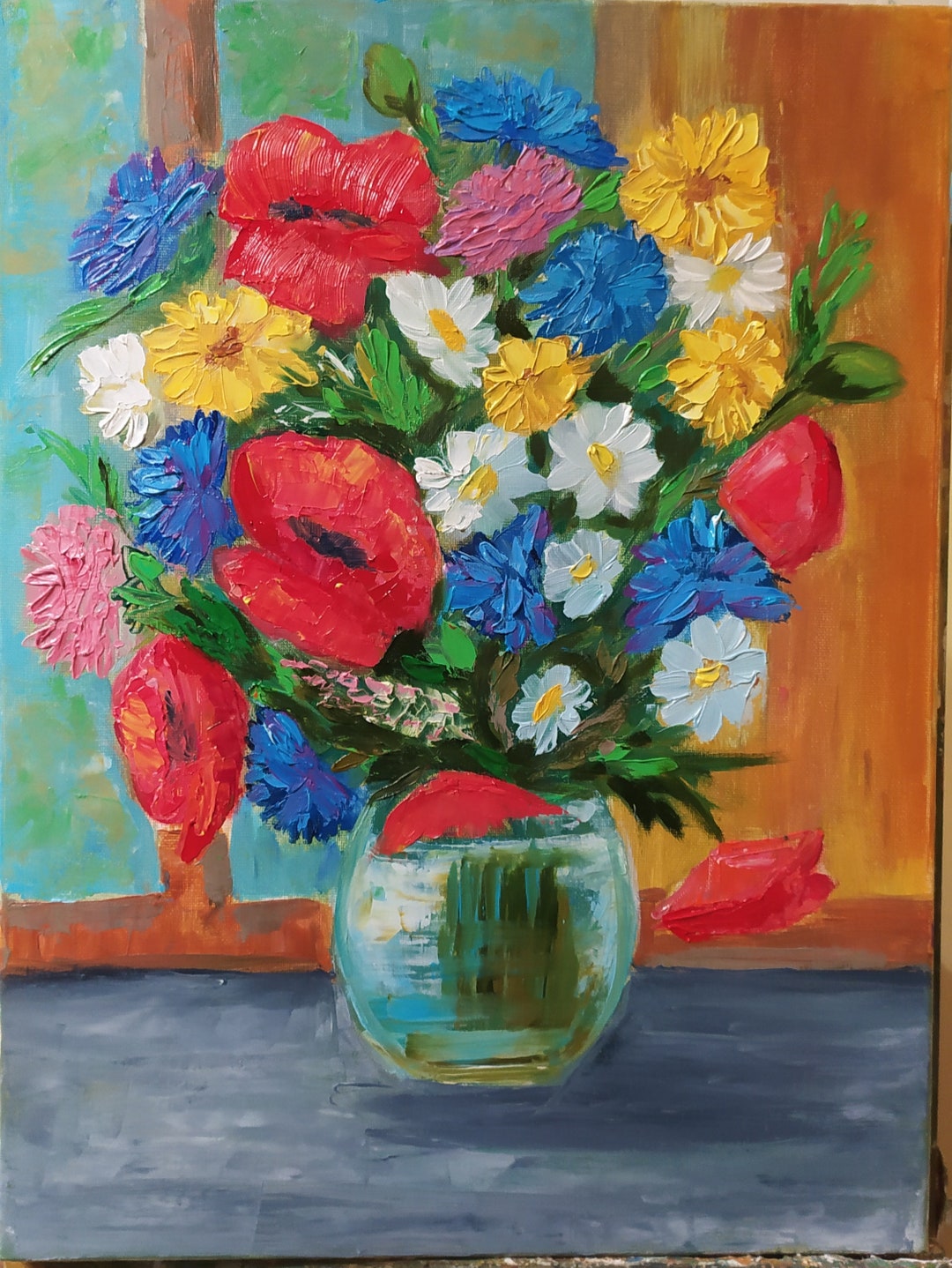 Bouquet Oil Painting on Canvas.bouquet of Wild Flowers in a Glass Vase ...