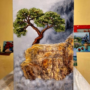 Peinture à l'huile 3D originale texturée. Peinture à l'huile texturée de roche et d'arbre. Peinture à l'huile de paysage texturé. Peinture d'arbre sur le rocher. 18\12 po
