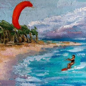 Peinture de kitesurf. Peinture à l'huile de kitesurf de paysage marin. Peinture originale de karting. Peinture miniature de kitesurf. Sport de plage 8\8 po