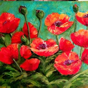 Peinture à l'huile sur toile de coquelicots. Coquelicots rouges dans une clairière. Peinture à l'huile décorative de coquelicots. Peinture à l'huile originale. 40,6 cm