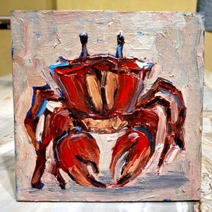 Pintura al óleo de cangrejo rojo Pintura original de cangrejo Pintura pequeña Arte de pared de cangrejo Arte de criaturas marinas Cartón pintado a mano 5\5 in